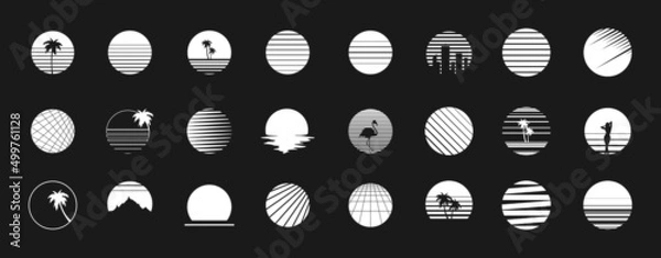 Fototapeta Set of retrowave design elements. Sun, sunset with strips, palm tree, skyscrapers, flamingo, sexy woman, mountain, perspective grid. Pack of retrowave 1980s style design elements. Vector