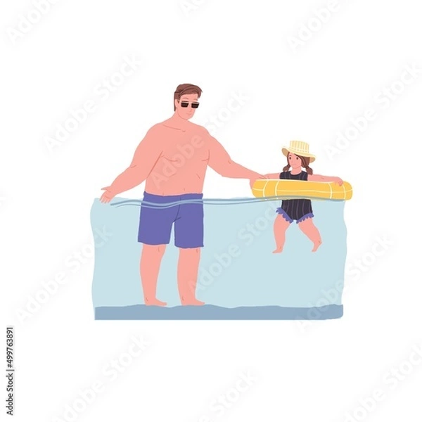 Fototapeta Vector cartoon family characters doing sports together,dad and little girl learn to swim in pool-happy childhood,sporty healthy family relationships social concept,web site banner ad design