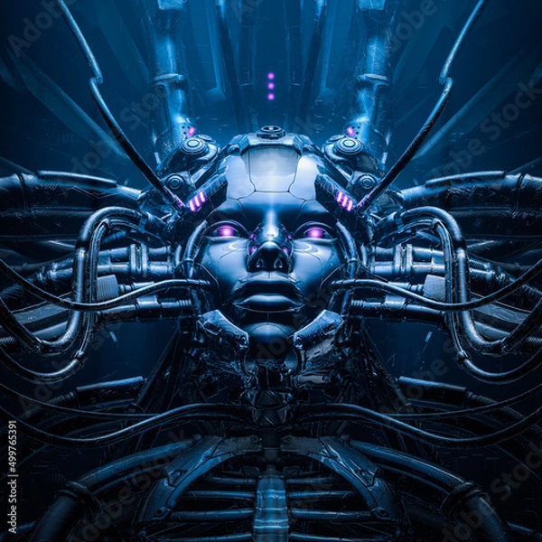 Fototapeta Prototype mother - 3D illustration of metallic science fiction female artificial intelligence inside futuristic computer core