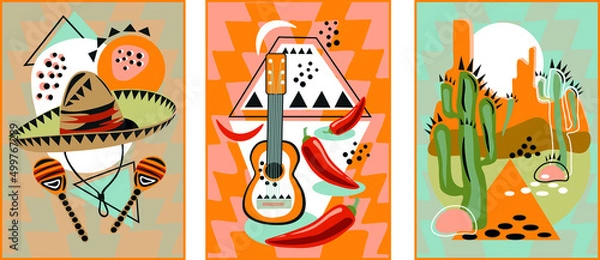 Fototapeta Vector set of posters in Mexican style. Plants, abstract forms, landscape, musical instruments, Mexican pepper. Collection of contemporary art
