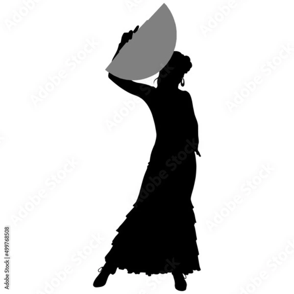 Obraz Black silhouette of slender flamenco dancer in beautiful dress and fan in her hand