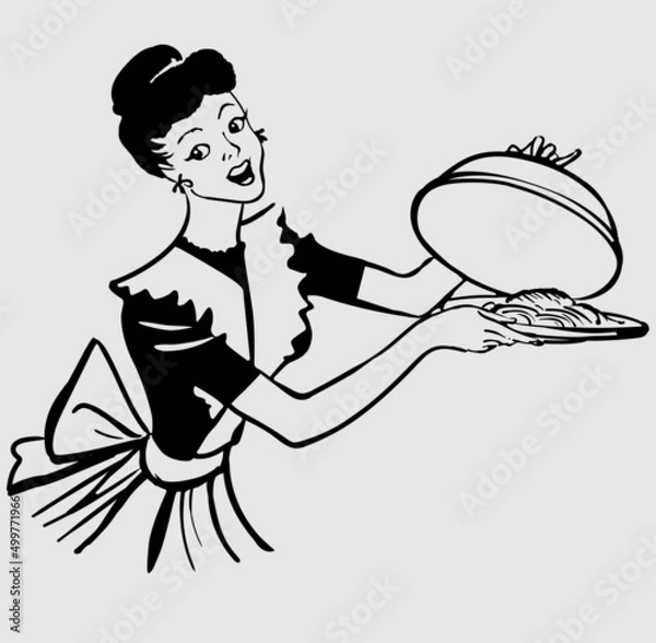 Obraz Retro waitress holding with meal and smile