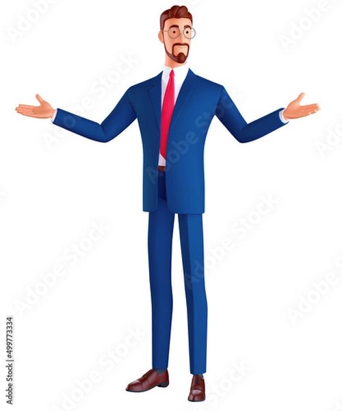 Fototapeta 3d render successful smiling businessman, a professional seller cartoon character with open arms as a friendly welcome, positive and confident greetings. Smart advice concept isolated on white.