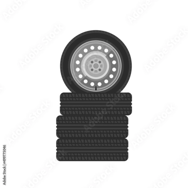 Fototapeta The stack of car wheels.Set of car tyres for the tyre shop.