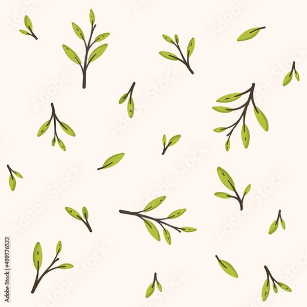Obraz Branch with green leaves. Trendy pattern with twig. Vector illustration.