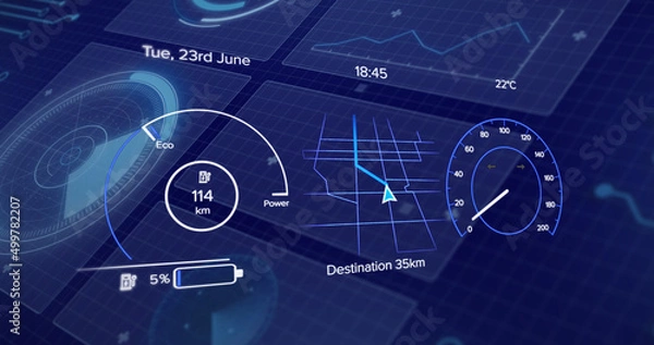 Fototapeta Image of car cockpit over data processing on blue background