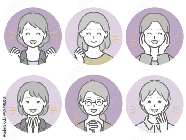 Fototapeta 喜ぶ高齢女性の丸アイコンセット