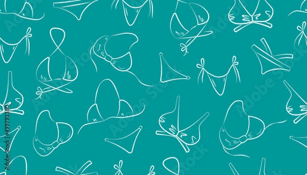 Obraz Bikini hand drawn seamless pattern. Women's sexy swimsuit summer background. White outline on a blue background. Vector. For fabric, wrapping paper, textiles