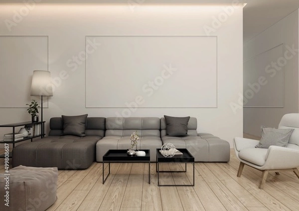 Fototapeta Wnętrze nowoczesnego, eleganckiego i minimalistycznego pokoju dziennego. Zaprojektowanego jako połączenie szarości, beżu i bieli oraz jasno drewnianej podłogi.