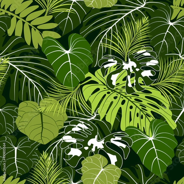 Fototapeta Tropical leaves seamless pattern. Vector background.