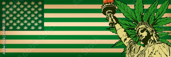 Fototapeta Statue of Liberty, USA flag with cannabis leafs, vector