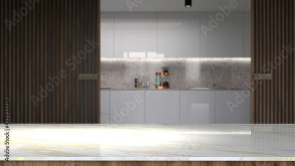 Fototapeta Marble tabletop on wooden platform with blurry kitchen utensils and dishes on light background. 3D rendering, mock up