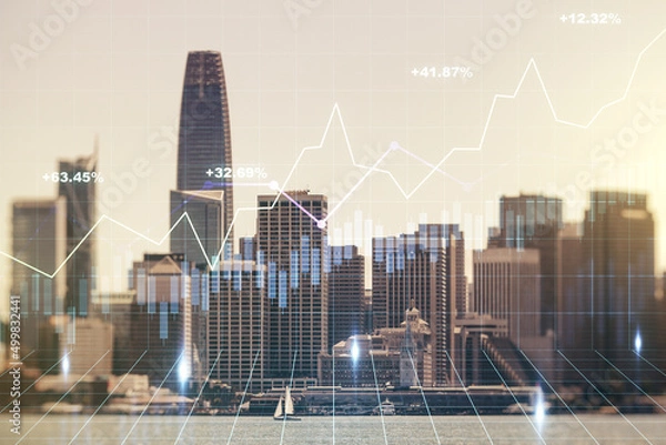 Fototapeta Abstract virtual financial graph hologram on San Francisco cityscape background, financial and trading concept. Multiexposure