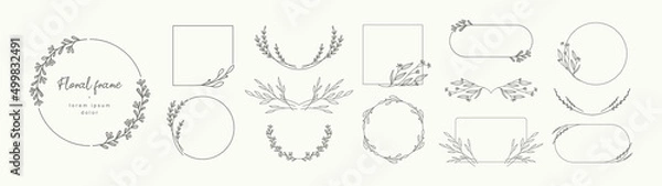 Fototapeta Floral logo elements, borders, dividers, frames. Hand drawn line botanical trendy greenery. Vintage plant wreaths with branches and leaves for wedding  invitation, save the date card