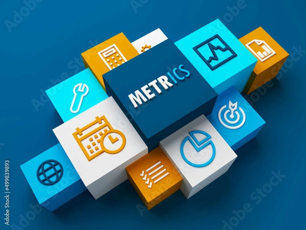 Fototapeta 3D render of perspective view of METRICS business concept on dark blue background