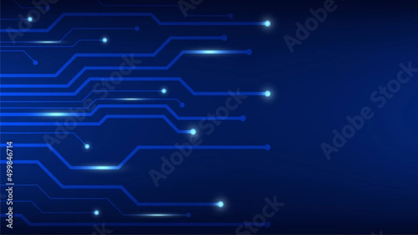 Fototapeta Hi-tech digital circuit board. AI pad and electrical lines connected on blue lighting background. futuristic technology design element concept