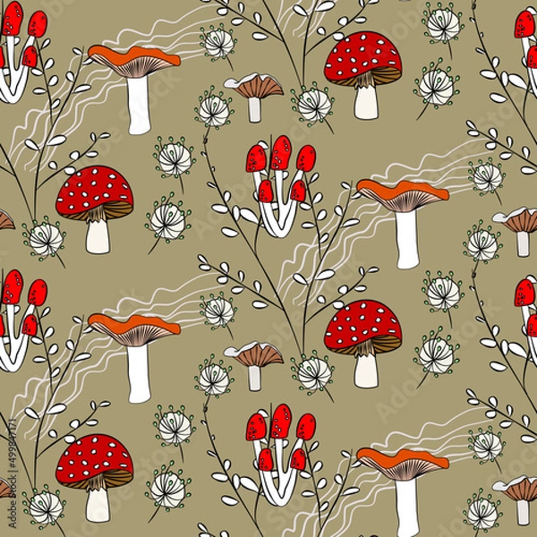 Fototapeta Vector seamless half-drop pattern, with mushrooms