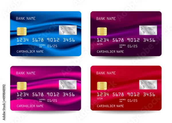 Fototapeta Credit Card vector set icons. Realistic detailed credit cards set with abstract background colorful design. Vector illustration design image EPS10