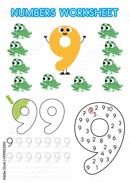 Fototapeta Numbers worksheet for preschoolers. Numbers activity. Numbers learning exercises. Number tracking