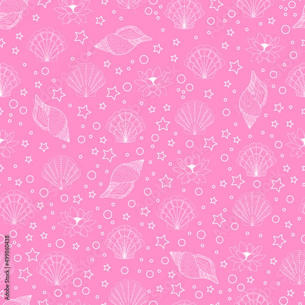 Fototapeta summer background with contour seashells lotus flowers stars and bubbles on colored background vector seamless pattern