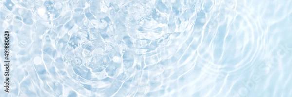 Obraz Blue water banner, clean and transparent surface with circles from drops, flat lay