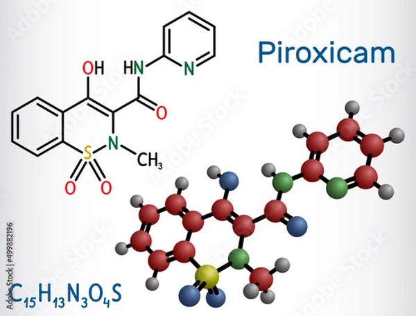 Fototapeta Piroxicam, piroksikam molecule. It is nonsteroidal anti-inflammatory drug NSAID, used to treat osteoarthritis and rheumatoid arthritis. Structural chemical formula, molecule model