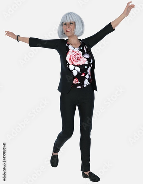 Fototapeta Susan is an on-the-go white-haired woman standing on an isolated white background. She is a 3D illustrated character model render. 