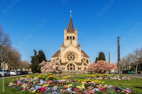 Obraz St. Paul's Church with colorful meadow and spring flower in Basel, Switzerland
