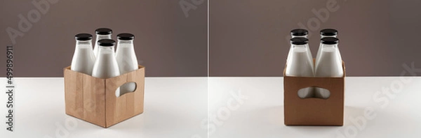 Obraz Packaging for dairy products, glass bottles for milk on a white background. Unmarked bottles filled with milk. Bottles in a cardboard box.