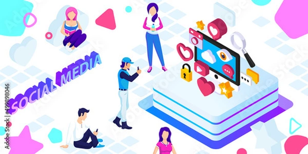 Obraz Social media isometric design icon. Vector web illustration. 3d colorful concept