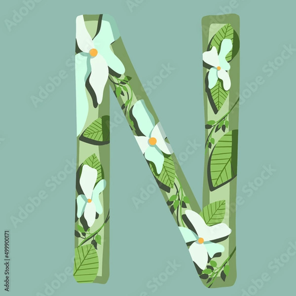 Fototapeta The letter "N". Can be used for various web resources. Floral print will decorate any design. Decorate your magazine, book or any web resource with this beautiful letter.