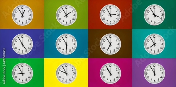 Fototapeta Many round clock showing different times on color backgrounds.