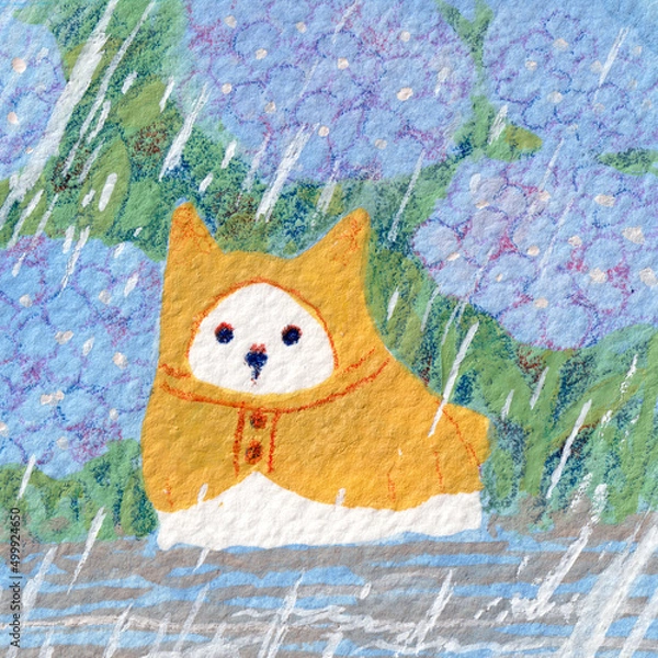 Obraz あじさいとレインコートの白犬