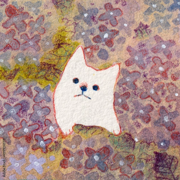 Obraz 群生する花と白犬