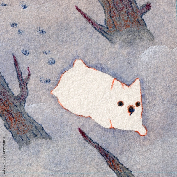 Obraz 雪山を歩く白犬