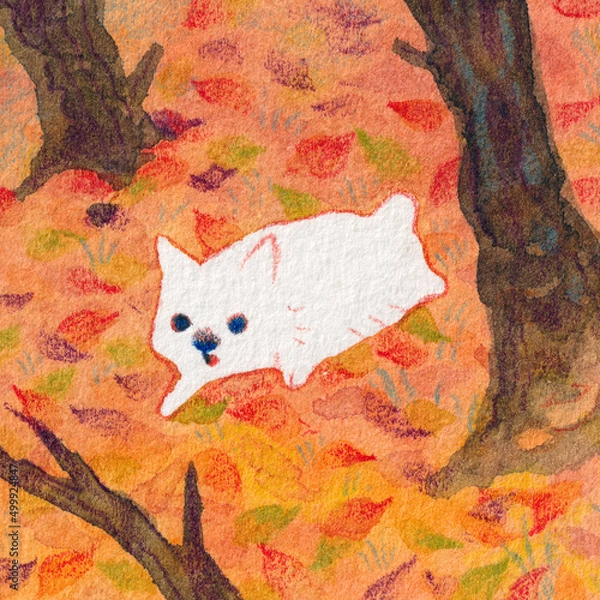 Obraz 積もった落ち葉と白犬