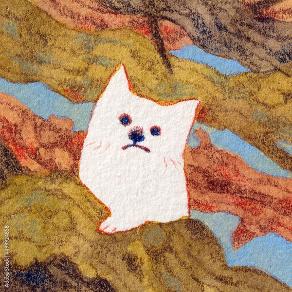 Obraz 木の根と白犬