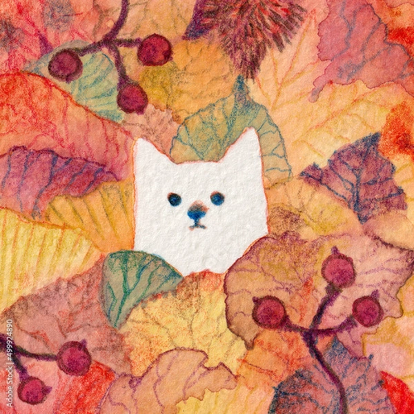 Obraz 紅葉と白犬