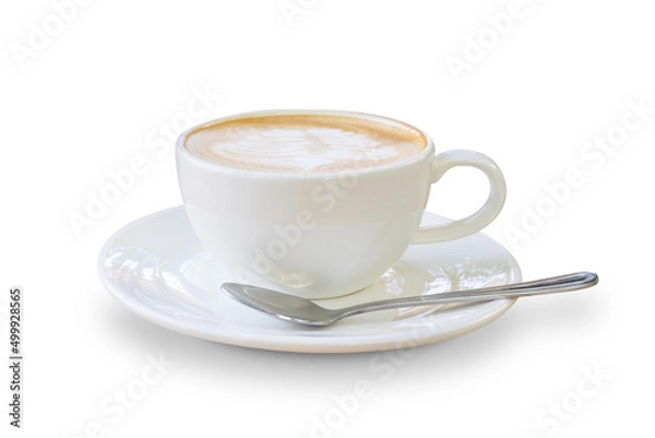 Fototapeta Latte coffee with plate and spoon isolated on white background 