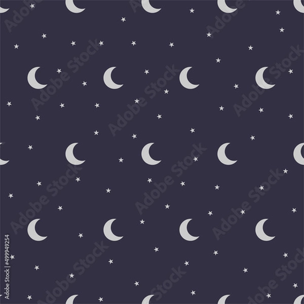 Fototapeta Flat silver moon icon with vector shape stars on a dark blue black background seamless pattern. EPS 10 illustration
