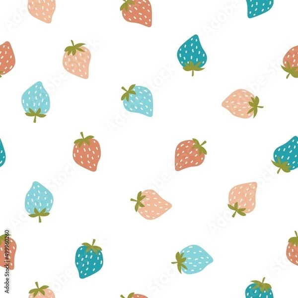 Fototapeta Vector seamless bright pattern strawberry  on a white background. Doodle in fresh fruit healthy food style.