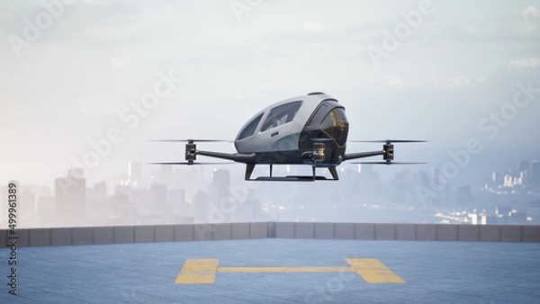 Fototapeta Autonomous driverless aerial vehicle fly across city, 3d render