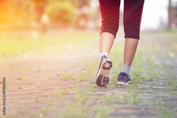 Obraz Jogging is also distinguished from running by having a wider lateral spacing of foot strikes, creating side-to-side movement that likely adds stability at slower speeds or when coordination is lacking