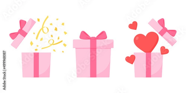 Fototapeta ギフトボックスのイラスト. 紙吹雪, ハート, リボン. プレゼントや記念日のイメージ. ピンク.