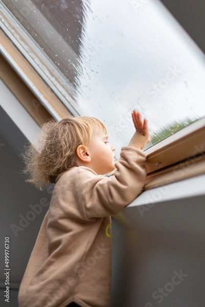 Obraz Little preschool boy staying home in bad weather and looking  with interest through window on raindrops and hail, idoors.