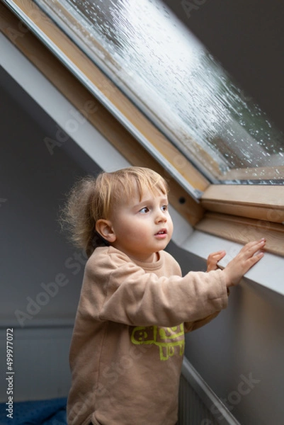 Obraz Little preschool boy staying home in bad weather and looking  with interest through window on raindrops and hail, idoors.