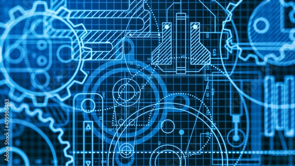 Fototapeta mechanical project blueprint, technical documentation, engineering drawing, close-up, front view (3d render)