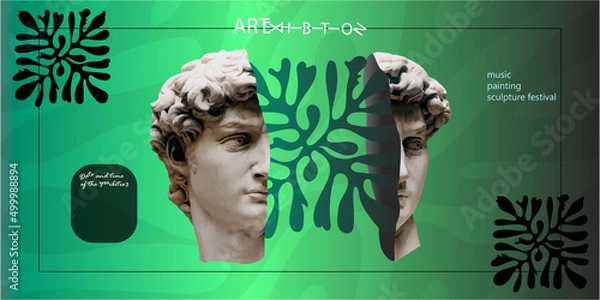 Fototapeta Backdrop for an exhibition of classical and contemporary painting, sculpture and music. Abstract background with sculpture of David. Drawing for a poster.