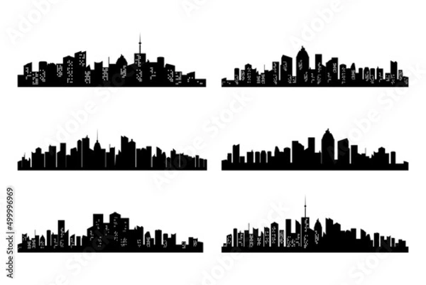 Fototapeta Black cities silhouette collection. Horizontal skyline set in flat style isolated on white. Cityscape with windows, urban panorama of night town. Jpeg illustration