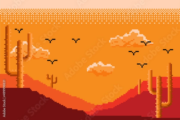 Fototapeta pixel art image of desert, hot atmosphere in the afternoon and there is a shadow of orange cactus tree